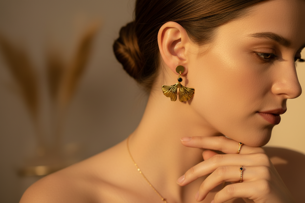 Pendientes Abanico Dorado con Ónix