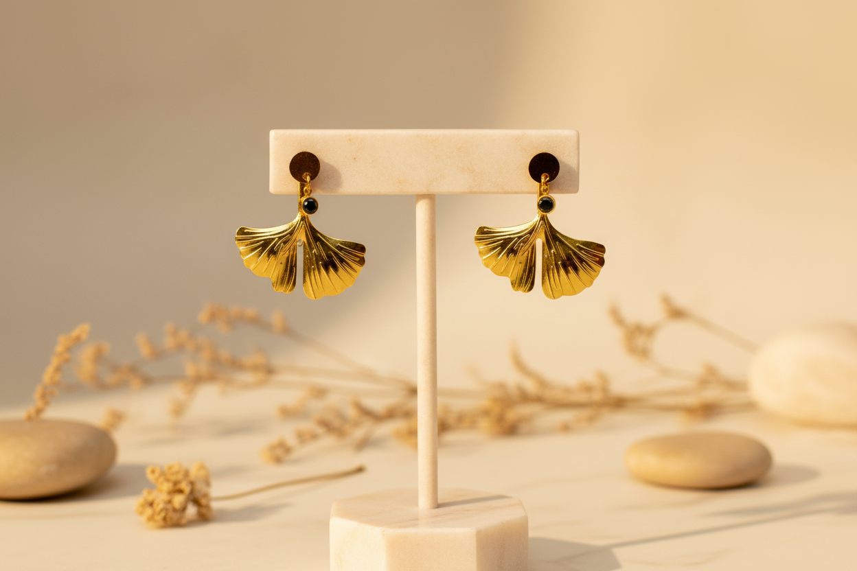 Pendientes Abanico Dorado con Ónix